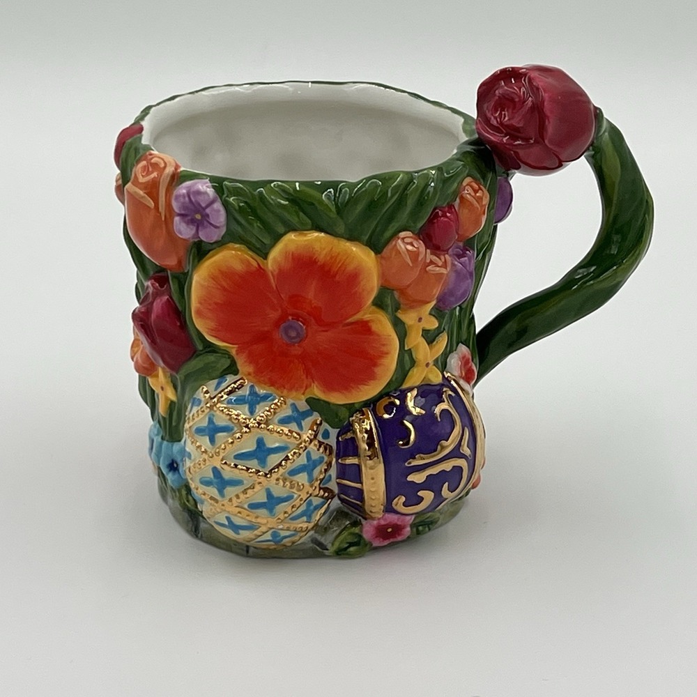 Vintage Christopher Radko 3DFloral & Egg Ceramic mug Home for the holidays‎ 90's